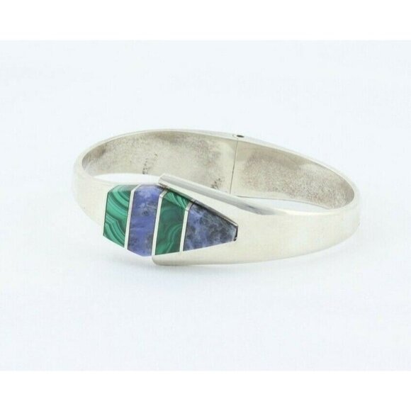 Sterling Silver Malachite and Sodalite Cuff Bracelet 7 inch Opens and Closes - Picture 6 of 8